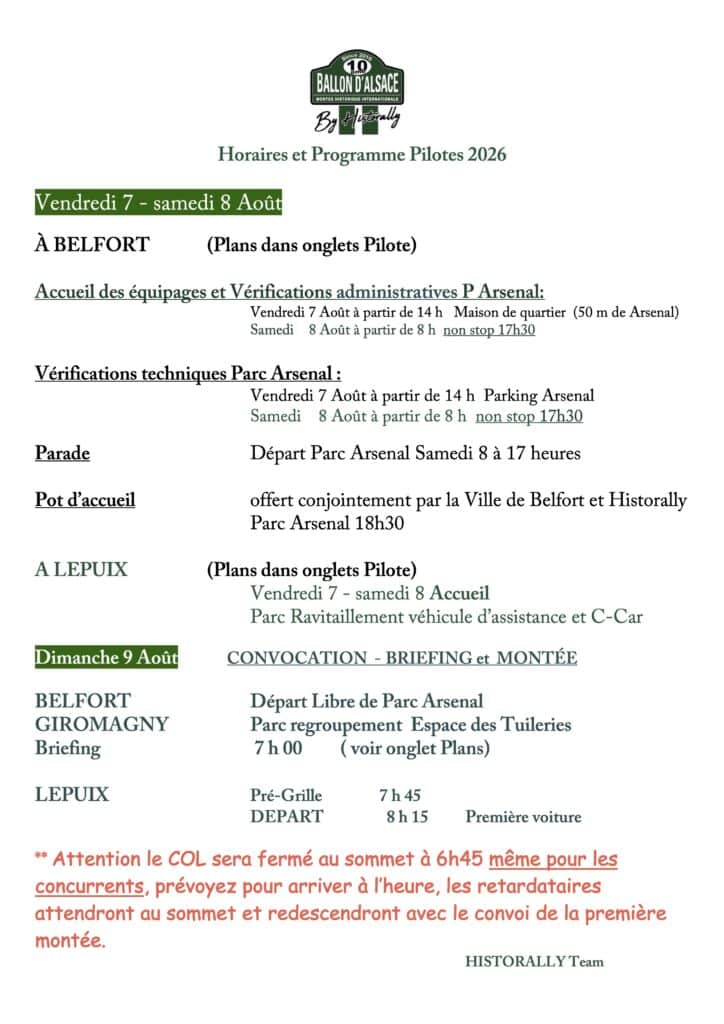 Horaires Programme Pilotes 2026