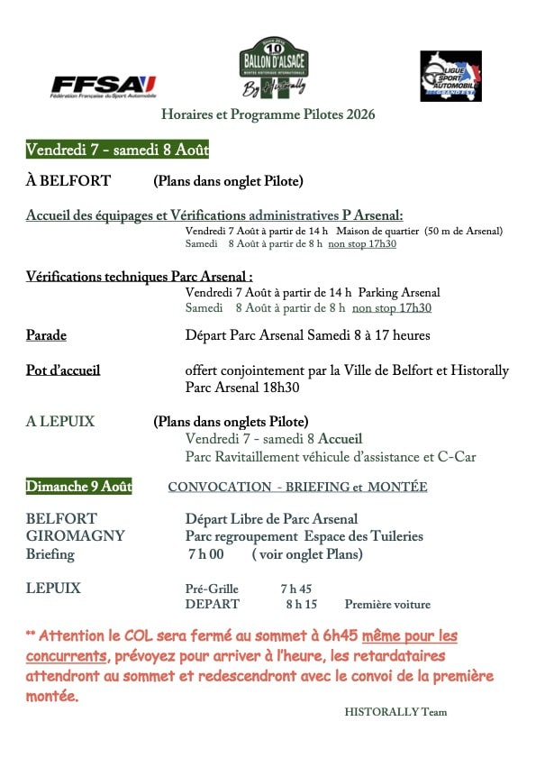 Horaires et Programme Pilotes 2026